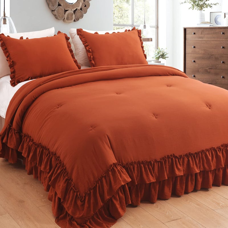 Masaca طقم لحاف مكشكش من Masaca Terracotta مقاس كوين برتقالي محروق شابي بوهو أنيق طقم سرير من تيراكوتا 3 قطع (1 لحاف مكشكش و2 كيس وسادة) - Image 1